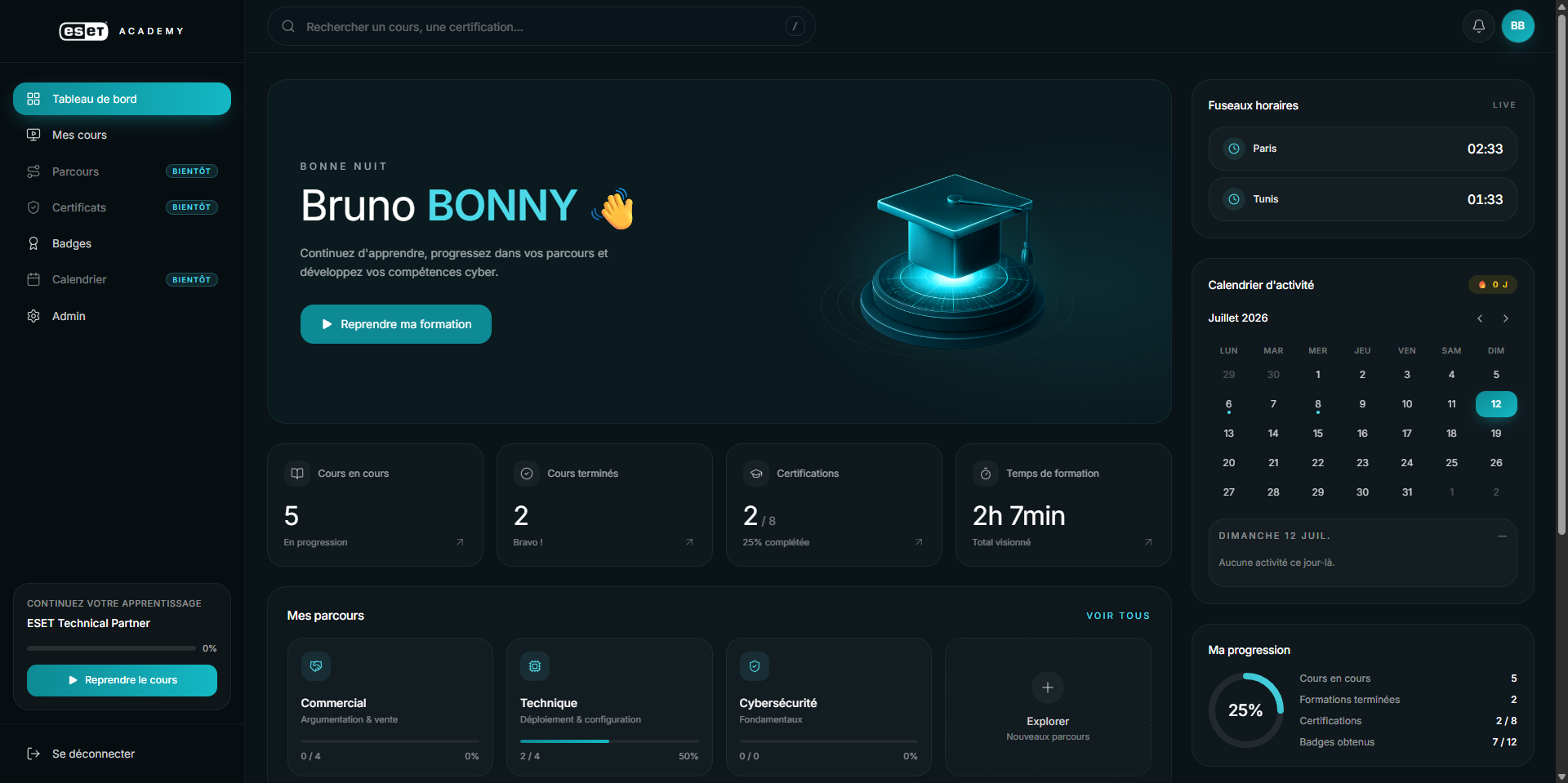 Interface de la plateforme ESET Academy